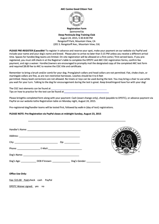 Akc Canine Good Citizen Test Registration Form Printable Pdf Download