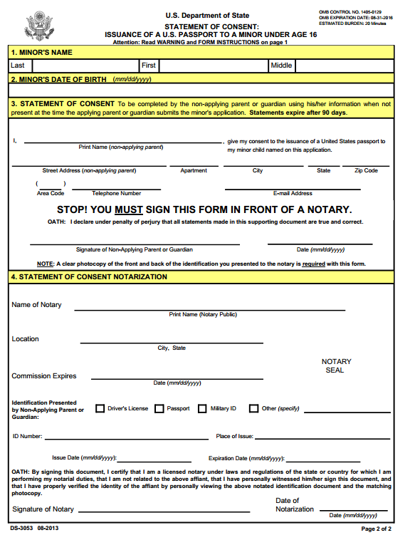 DS 3053 Statement Of Consent For Minor Child Passport Passport Info 