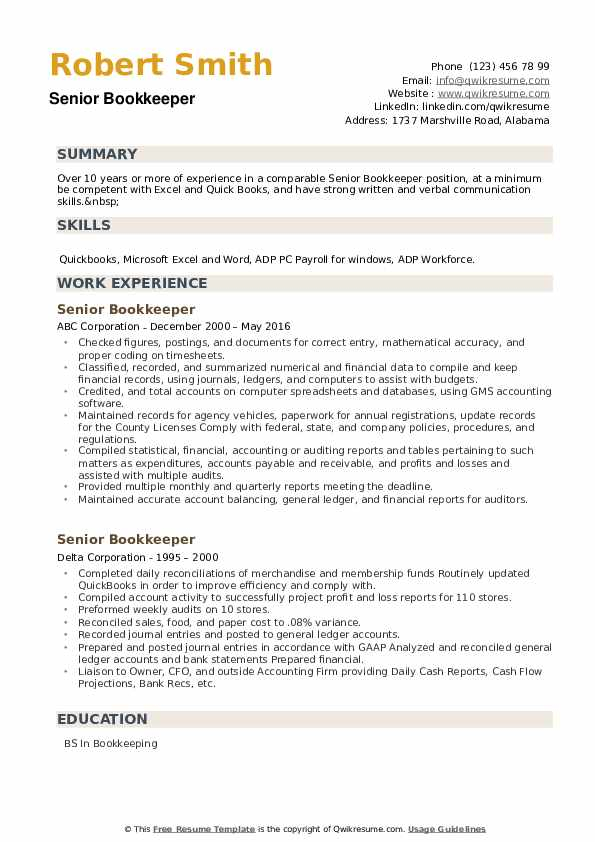 Senior Bookkeeper Resume Samples QwikResume
