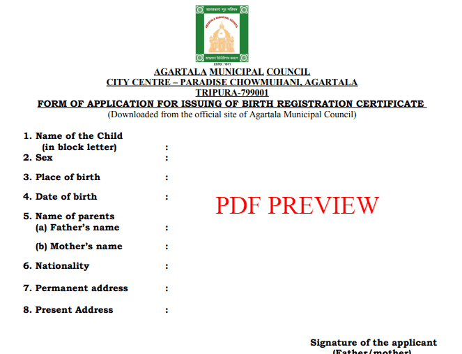 Tripura Birth Certificate Form Download In PDF Format